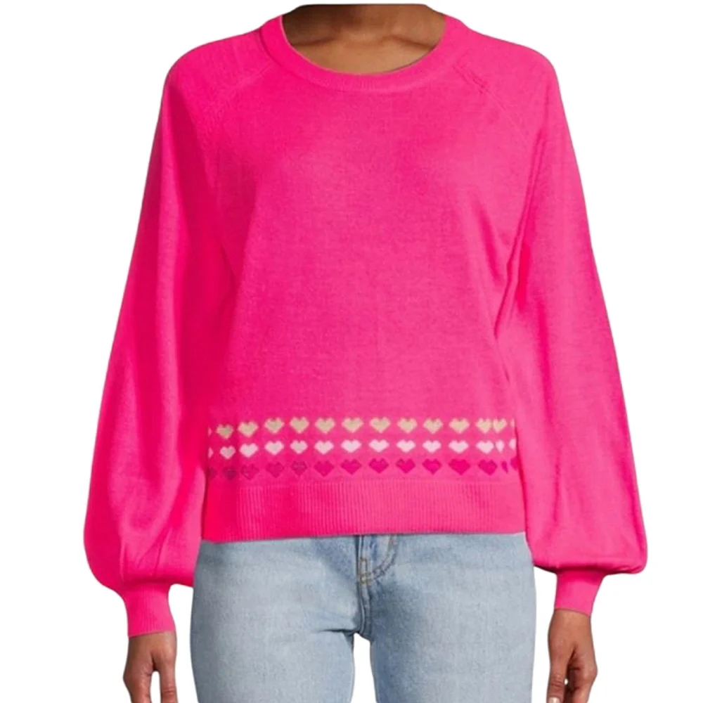 Lilly Pulitzer Alyona Sweater Pink Grenadine Heart Knit Crewneck Balloon Sleeve